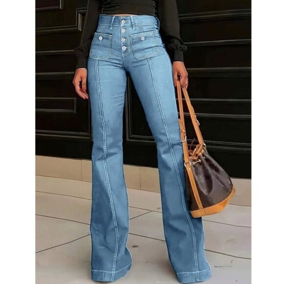 Blue High waisted Button Fly Flared Leg Denim Jeans Pants - Picture 1 of 6